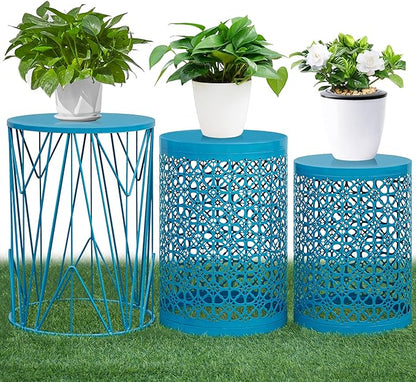 HFHOME Set of 3 Heavy-Duty Round End Table, Side Table, Coffee Table for Indoor Multifunctional Use, Outdoor Decorative Garden Stool Plant Stand-Blue