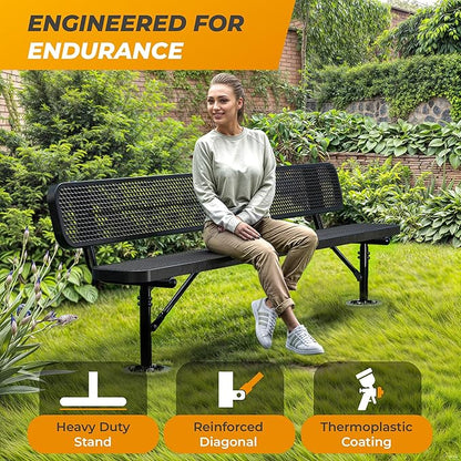 Heavy-Duty Outdoor Metal Bench, Thermoplastic-Coated, Surface, Weatherproof, Commercial-Grade for Parks, Gardens, Patios, Stores & More (8 Ft - Surface with Back, Black)