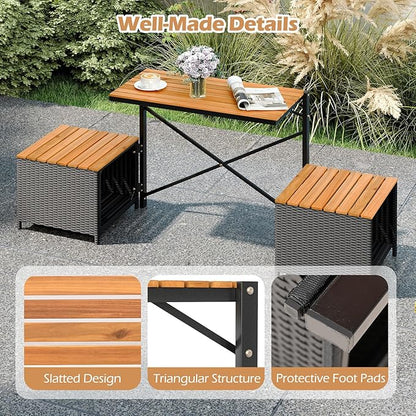 HAPPYGRILL 2-in-1 Outdoor Storage Bench Convertible Picnic Table and Chairs Set with Metal Frame, Acacia Wood Rattan Patio Loveseat for Garden, Backyard, Porch, Deck