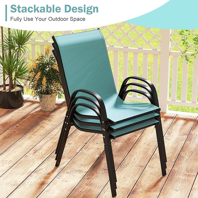 COSTWAY Patio Dining Chairs Set of 4, Stackable Outdoor Chairs with Armrest and High Back, Breathable Fabric & Metal Frame Chair for Garden Poolside Backyard Deck (Turquoise)