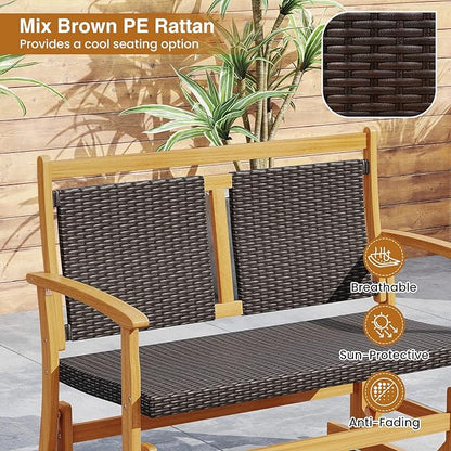 HAPPYGRILL Outdoor Glider Bench Acacia Wood Porch Glider with Rattan Seat and Backrest, Curved Armrests, 2-Person Swing Rocking Chair for Patio, Backyard, Garden, Balcony