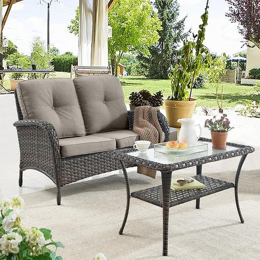Belord Outdoor Wicker Loveseat with Coffee Table, Patio Loveseat Sofa 2 Piece Outdoor Wicker Furniture Set for Patio Porch Deck Balcony Light Brown/Gray