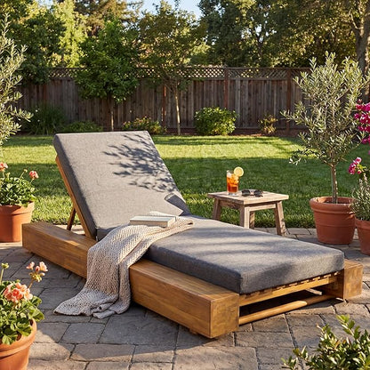 Christopher Knight Home Tory Acacia Wood Chaise Lounge Chair Outdoor, Poolside Sun Lounger Recliner, Patio Outdoor Chaise Lounge with Cushions, Adjustable Backrest Single Lounge Sofa, Grey+Teak