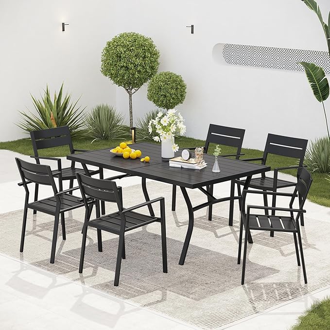 VICLLAX 63" Patio Dining Table for 6, Outdoor Rectangular Metal Table with Umbrella Hole for Porch Backyard Garden Deck - Photo 2