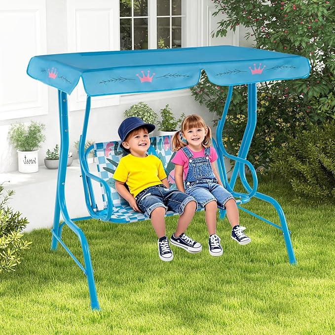 KOTEK Kids Patio Swing, 2-Seater Outdoor Hanging Bench with Adjustable Canopy, Safety Belt & Curved Armrest - Photo 1