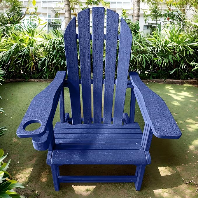 Weather-Resistant Adirondack Chair, Navy Blue HDPE Outdoor Patio Chairs with Cup Holder, Fire Pit Chairs & Outdoor Seating