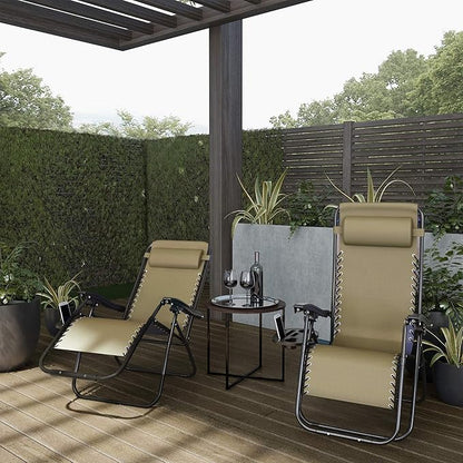Lavish Home Zero Gravity Chairs - Set of 2 Outdoor Chairs with Side Tables with 2 Cupholders, Phone, and Tablet Holder and Chair Pillow (Beige)