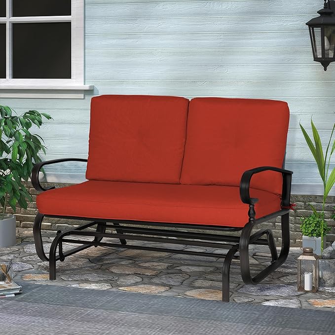 Crownland Outdoor Patio Glider Chair, Rocking Glider Bench for 2 Person, Porch Furniture Loveseat Seating, Wrought Iron Patio Textilene Gliders for Outside, Porch, Garden(Classic Red)