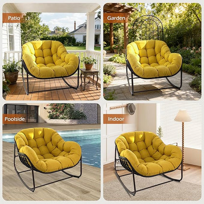 Papasan Rocking Chair Indoor & Outdoor, Oversized Egg-Shaped Papasan Rocker with Cushion & Pillow, All-Weather Wicker Patio Lounge Chair for Garden, Porch, Living Room (Yellow)