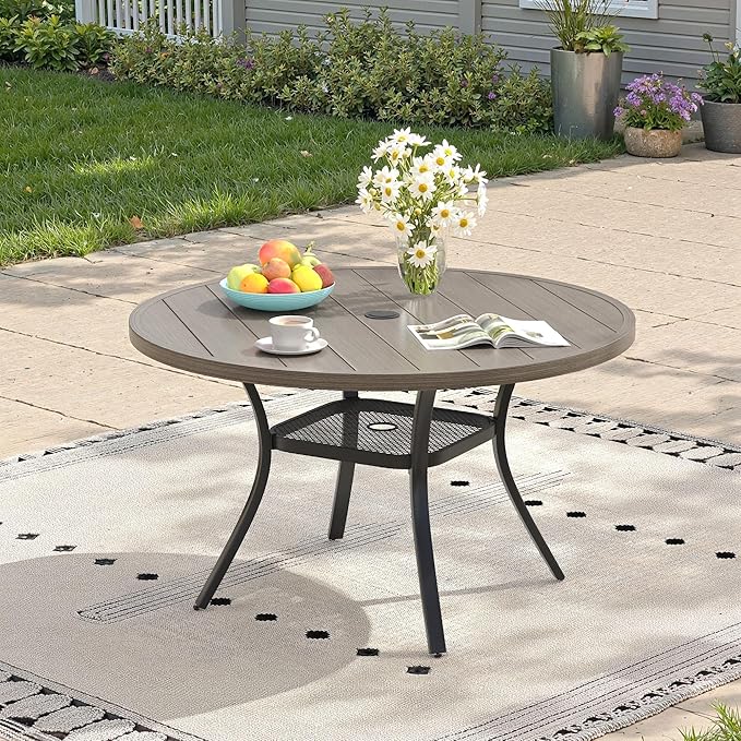 Outdoor Dining Table with Adjustable Umbrella Hole, 40.6" All-Weather Round Patio Dining Table for 4, Metal Patio Table with Storage Shelf for Garden Lawn Porch Deck Yard, Grey