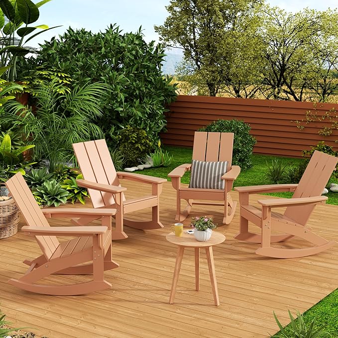 WestinTrends Ashore Patio Rocking Chairs Set of 2, All Weather Poly Lumber Plank Adirondack Rocker Chair, Modern Farmhouse Outdoor Rocking Chairs for Porch Garden Backyard and Indoor, Teak
