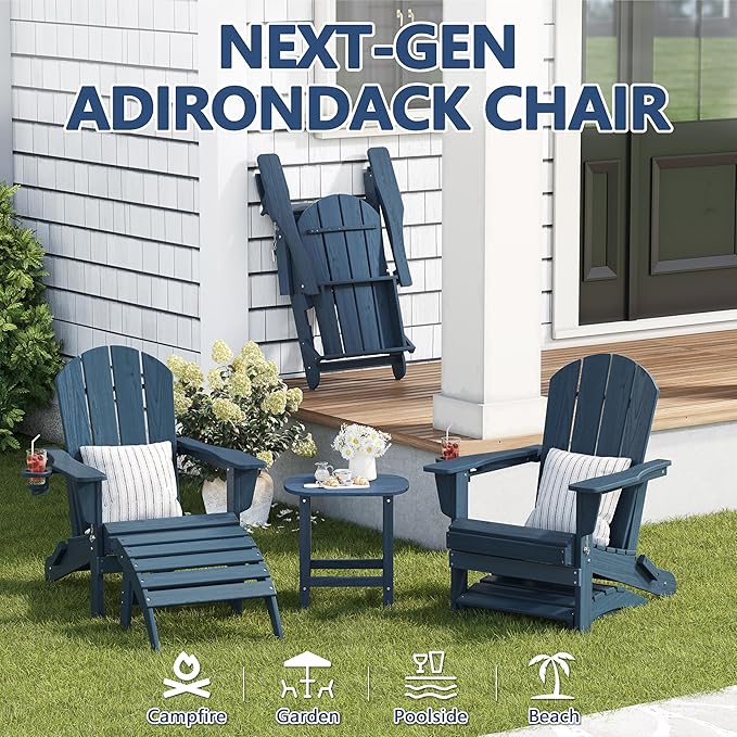 Outdoor Folding Adirondack Chair Set of 4 for Patio Fire Pit, Wooden Textured HDPE Adjustable Chairs with Cup Holder, Waterproof All Weather Resistant Plastic for Pool Lawn Garden Backyard(NavyBlue)