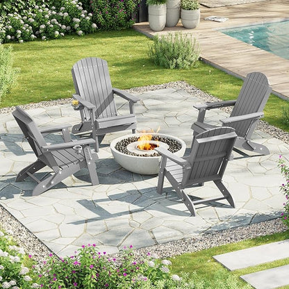 HDPE Foldable Adirondack Outdoor Chair Set of 4 with Cup Holder, Weather Resistant Heavy-Duty Patio Chair for Patio, Backyard, Deck, Fire Pit, Lawn and Porch, Silver Grey