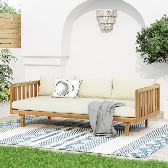 Merax Outdoor Acacia Wood Conversation Set - Patio 3-Seat Loveseat Sofa w/Coushion and Round Coffee Table for Backyard - Photo 4