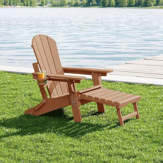 WestinTrends Malibu Folding Adjustable Adirondack Chair with Retractable Ottoman and Cup Holder, Teak