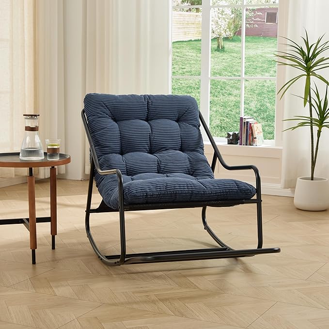 Rocking Chair with Foot Rest, Outdoor Indoor Rocking Lounge Chair with Cushion, Comfortable Patio Rocker Chairs for Patio, Porch, Garden, Living Room, Reading, Metal Frame, Navy Blue