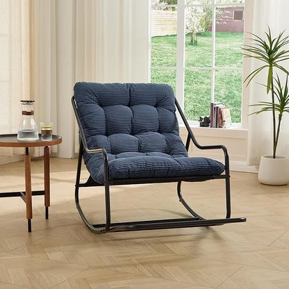 Rocking Chair with Foot Rest, Outdoor Indoor Rocking Lounge Chair with Cushion, Comfortable Patio Rocker Chairs for Patio, Porch, Garden, Living Room, Reading, Metal Frame, Navy Blue