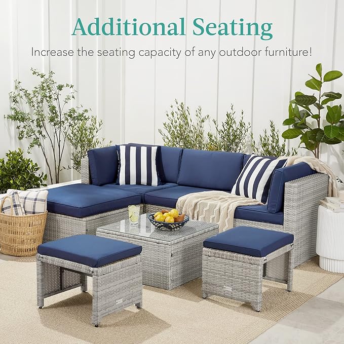 Best Choice Products Set of 2 Wicker Ottomans, Multipurpose Outdoor Furniture for Patio, Backyard, Additional Seating - Photo 3