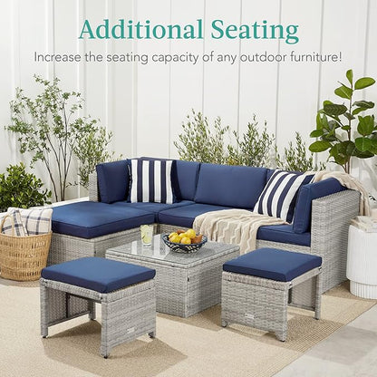 Best Choice Products Set of 2 Wicker Ottomans, Multipurpose Outdoor Furniture for Patio, Backyard, Additional Seating, Footrest, Side Table w/Removable Cushions, Steel Frame - Cement Gray/Taupe