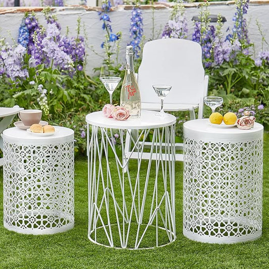 Y&M Set of 3 White Round Nesting Tables, Multifunctional Coffee Table End Table, Side Table for Indoor, Outdoor Garden Stool-Snow White(Ship from US)