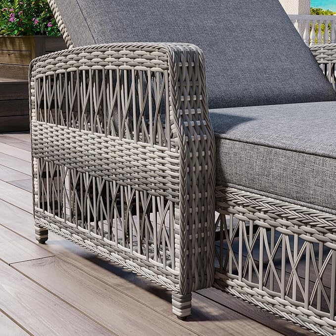 Merax Outdoor Rattan Chaise Lounge Set of 2, All Weather Wicker Patio Reclining Chairs with 4 Adjustable Backrest and Armrests, Sunbathing Recliner & Soft Removable Cushions for Poolside, Garden, Gray