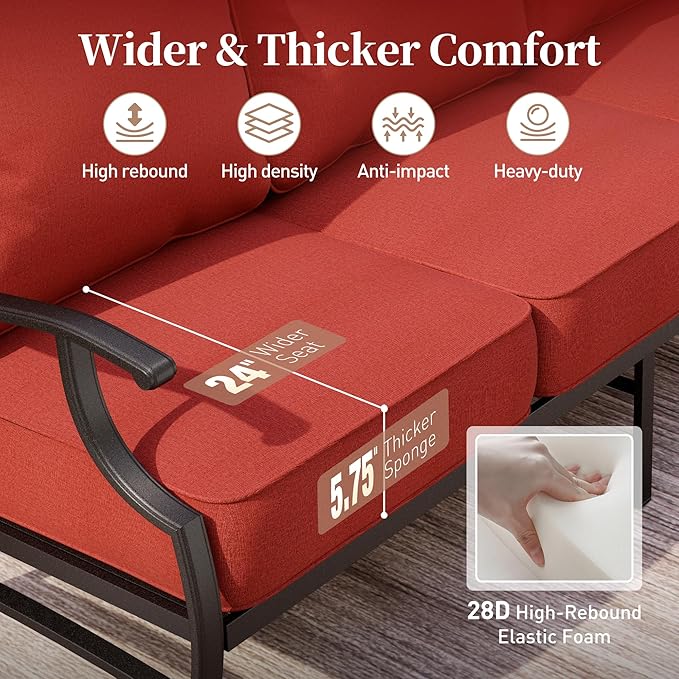 Metal Patio Furniture Sofa with 5.75" Extra Thick Waterproof Cushion, 3-Seater Deep Seat & High-Back Outdoor Couch All Weather Outdoor Seating for Backyard Deck Front Porch, Rust Red