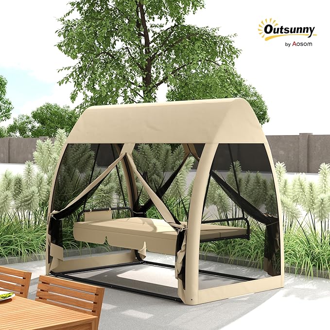 Outsunny 3-Seat Patio Swing Chair, Porch Swing Bed with Convertible Backrest, Cushion, Canopy - Photo 2