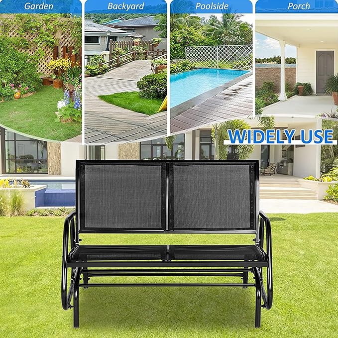 Esright Outdoor Glider Bench for 2 Person Outside Patio Gliders Loveseat Porch Glider Swing with Powder Coated Steel Frame for Backyard, Garden, Balcony (Black)
