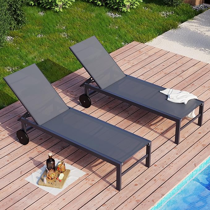 SUNLEI Patio Chaise Lounge Outdoor Set of 2, Pool Lounge Chairs for Outside w/5-Position Adjustable Backrest & All Weather, Tanning Recliner Chair for Pool Beach Deck (Dark Grey, 4 Pieces)