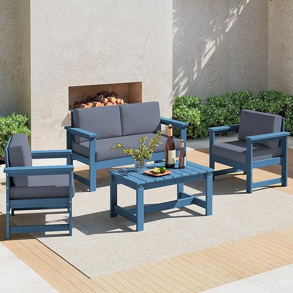 SERWALL 4 Pieces HDPE Outdoor Sofa Set with Cushion, All Weather Use Conversation Couch Set - Photo 1