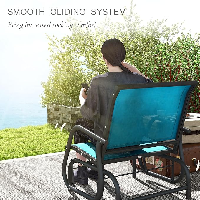 Outsunny Porch Glider Set of 2, Metal Frame Swing Glider Chair with Breathable Mesh Fabric, Curved Armrests and Steel Frame for Garden, Poolside, Backyard, Balcony, Blue