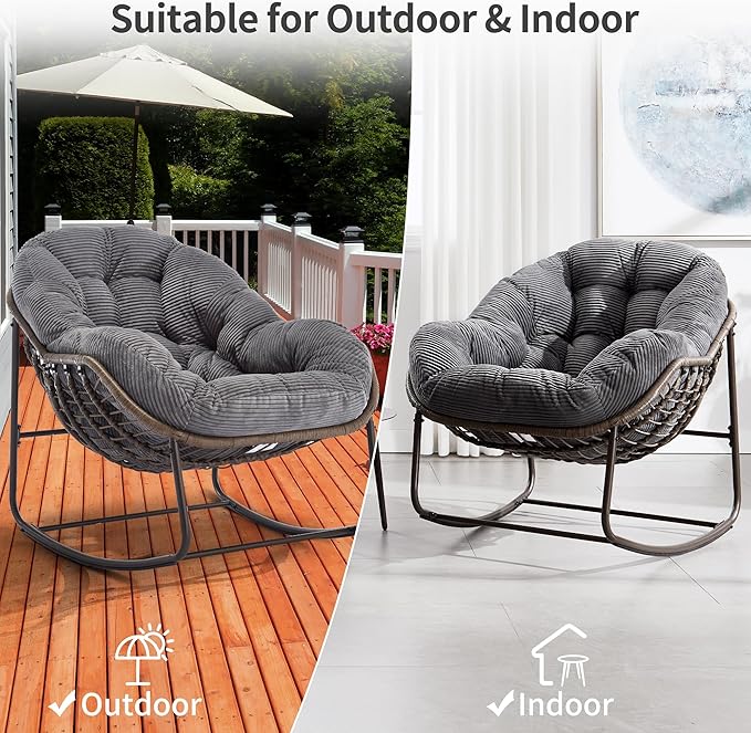 HOMEFUN Outdoor Patio Rocking Chairs Set of 2, Oversized Papasan Rock Chair Indoor with Striped Velvet Padded Cushion - Rocker Egg Seat for Front Porch, Garden, Patio, Backyard Grey