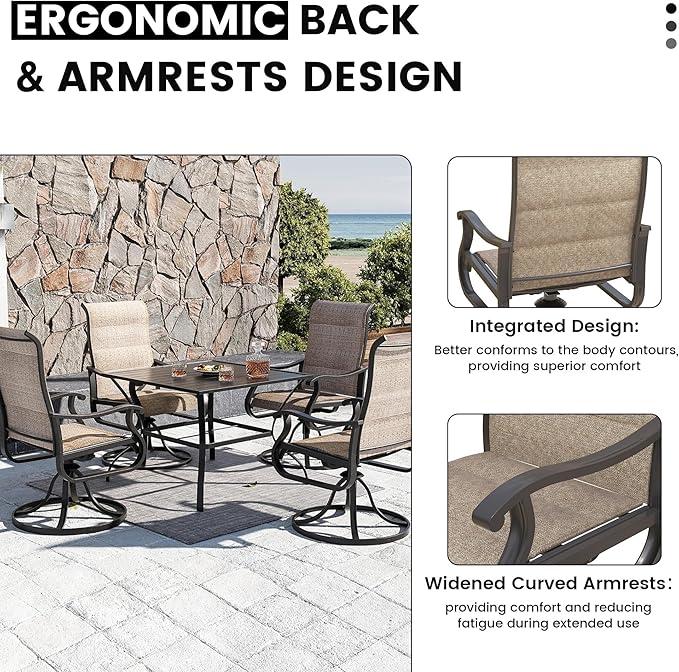 Patio Swivel Chairs Set of 2, Outdoor Dining Chairs with High Back, All-Weather Swivel Rocker Chair for Lawn, Porch or Garden (Padded Brown)