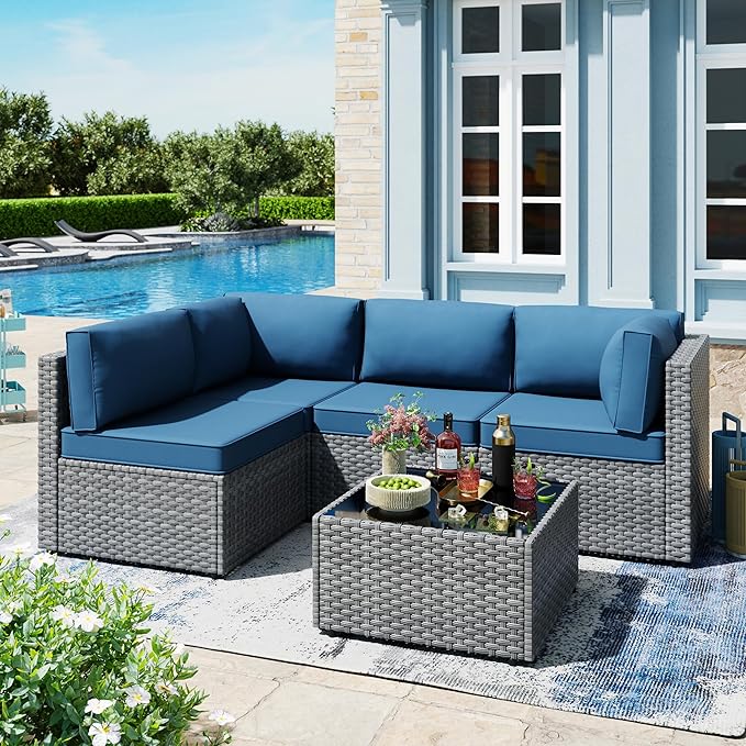 SUNLEI 5 Piece Patio Furniture Sets, Low Back All-Weather Rattan Sectional Sofa with Tea Table&Washable Couch Cushions - Photo 7