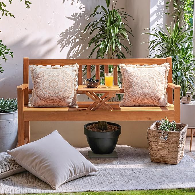 Devoko Outdoor Bench, 2-Person Garden Bench, Patio Wood Bench Outdoor Loveseat with Pull-Out Center Table for Backyard, Balcony and Patio and Garden (Log Color)