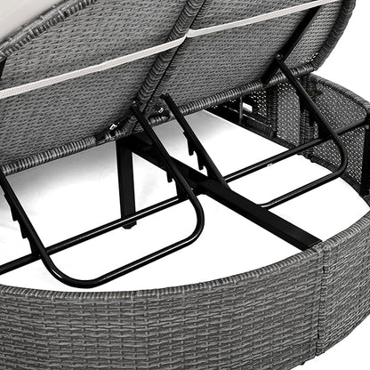 Rattan Patio 2-Person Daybed,Outdoor Sun Bed with Cushions and Pillows,Reclining Chaise Lounge with Adjustable Backrests and Foldable Cup Trays,for Lawn Poolside Deck Backyard (Beige@Cup Trays)