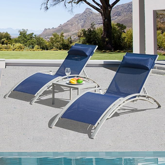 Domi Pool Lounge Chairs Set of 2 with Side Table, Aluminum Adjustable Outdoor Chaise Lounge, All Weather Poolside Chairs for Deck Lawn Poolside, Textilene (Navy Blue)