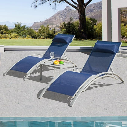 Domi Pool Lounge Chairs Set of 2 with Side Table, Aluminum Adjustable Outdoor Chaise Lounge, All Weather Poolside Chairs for Deck Lawn Poolside, Textilene (Navy Blue)