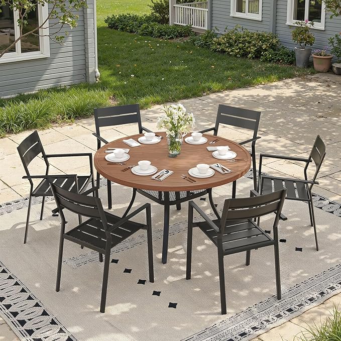 47.2" Patio Dining Table for 6, Round Outdoor Metal Dining Table with Umbrella Hole for Lawn Garden Backyard, Walnut