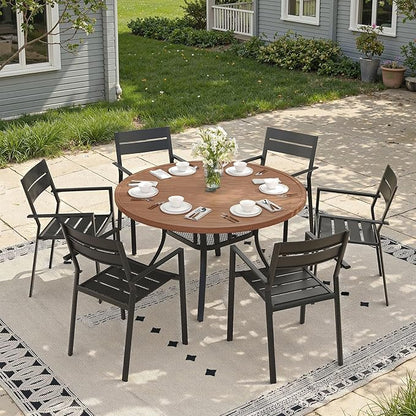 47.2" Patio Dining Table for 6, Round Outdoor Metal Dining Table with Umbrella Hole for Lawn Garden Backyard, Walnut