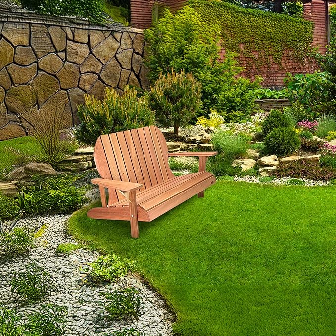 All Things Cedar 54” Wooden Adirondack Loveseat Chair, Outdoor Patio Seating, Natural