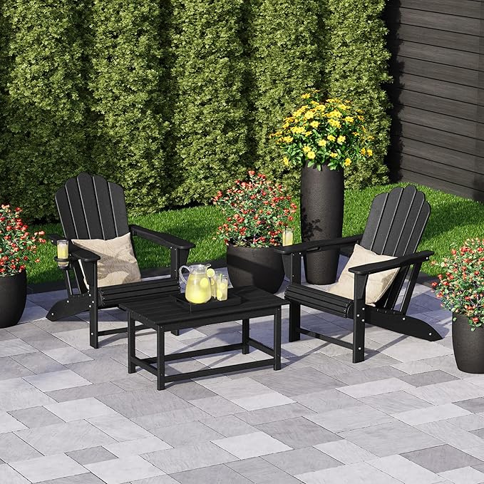 Costaelm Lakeview 3-Piece Adirondack Chairs with Cup Holders and Coffee Table Set, Black