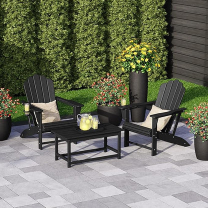 Costaelm Lakeview 3-Piece Adirondack Chairs with Cup Holders and Coffee Table Set, Black
