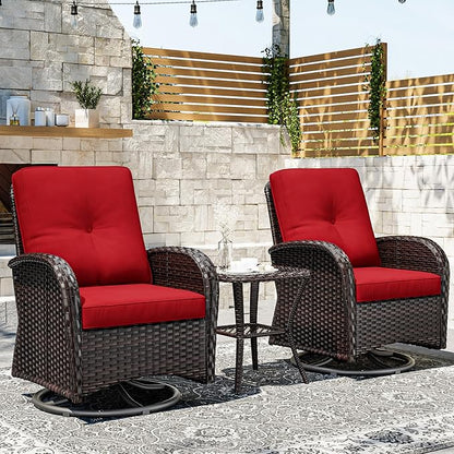 Joyside Outdoor Swivel Rocker Chairs, 3 Piece Wicker Patio Set with Thickened Cushions, High Back, Deep Seating, Wide Armrest, Outdoor Swivel Chairs for Porch, Deck