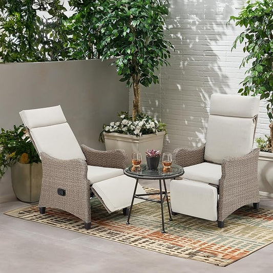 HOMREST Outdoor Recliner Chair Set of 2, Wicker Reclining Chair with Adjustable Backrest up to 150°, Rattan Armchair with Integrated Footrest Removable Cushion or Porch Garden,Light Gray