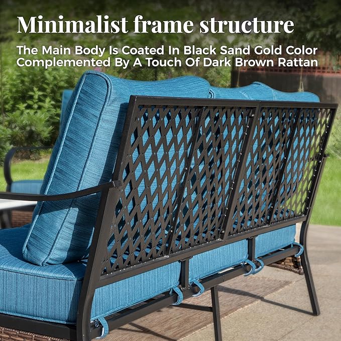 Patio Furniture Sofa, 3-Seat Patio Sofa Steel Frame Outdoor Sectional Couch with Deep Seating and 5.75” Cushions for Lawn Backyard Porch Deck, Peacock Blue