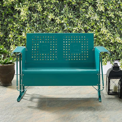 Crosley Furniture Bates Retro Metal Outdoor Loveseat Glider, 2-Person Rocking Patio Bench for Porch, Deck, Turquoise Gloss
