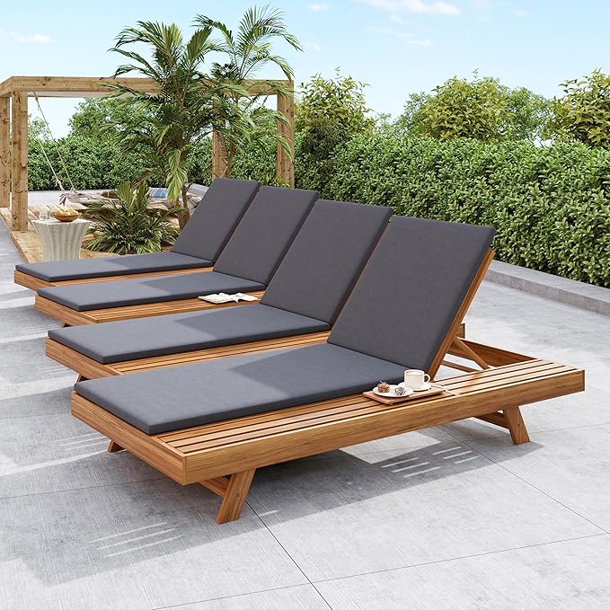 Merax Acacia Wood Chaise Lounge Chair Outdoor Set of 4, Patio Recliner with 4 Position Adjustable Backrest and 1.57" Thick Double-fold Cushion