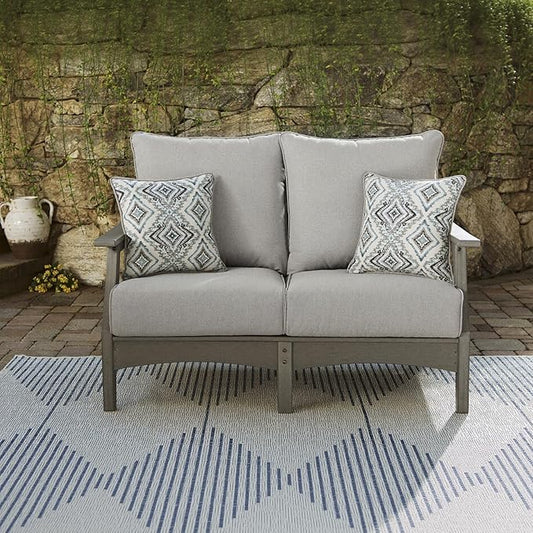 Signature Design by Ashley Outdoor Visola Patio HDPE Loveseat with Nuvella Throw Pillows, Gray