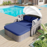 79.9" Outdoor Rattan Sunbed, Patio Wicker Daybed Lounger with Adjustable Canopy, Double Lounge, Thick Seat & Cushions - Photo 1